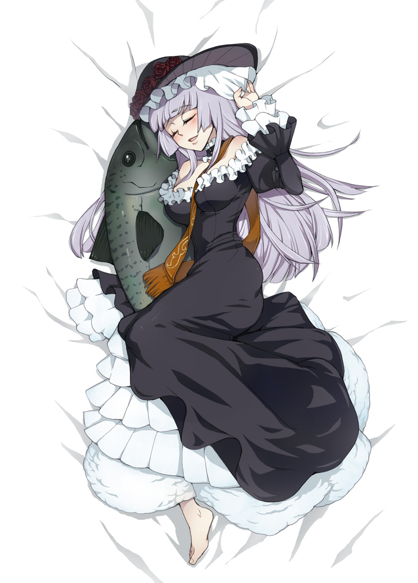 yukitsuki hisa, virgilia (umineko), umineko no naku koro ni, silver hair, highres, 00s, barefoot, closed eyes, dakimakura (medium), dress, feet, fish, flower, full body, hat, hime cut, long hair, lying, pillow, sash, solo