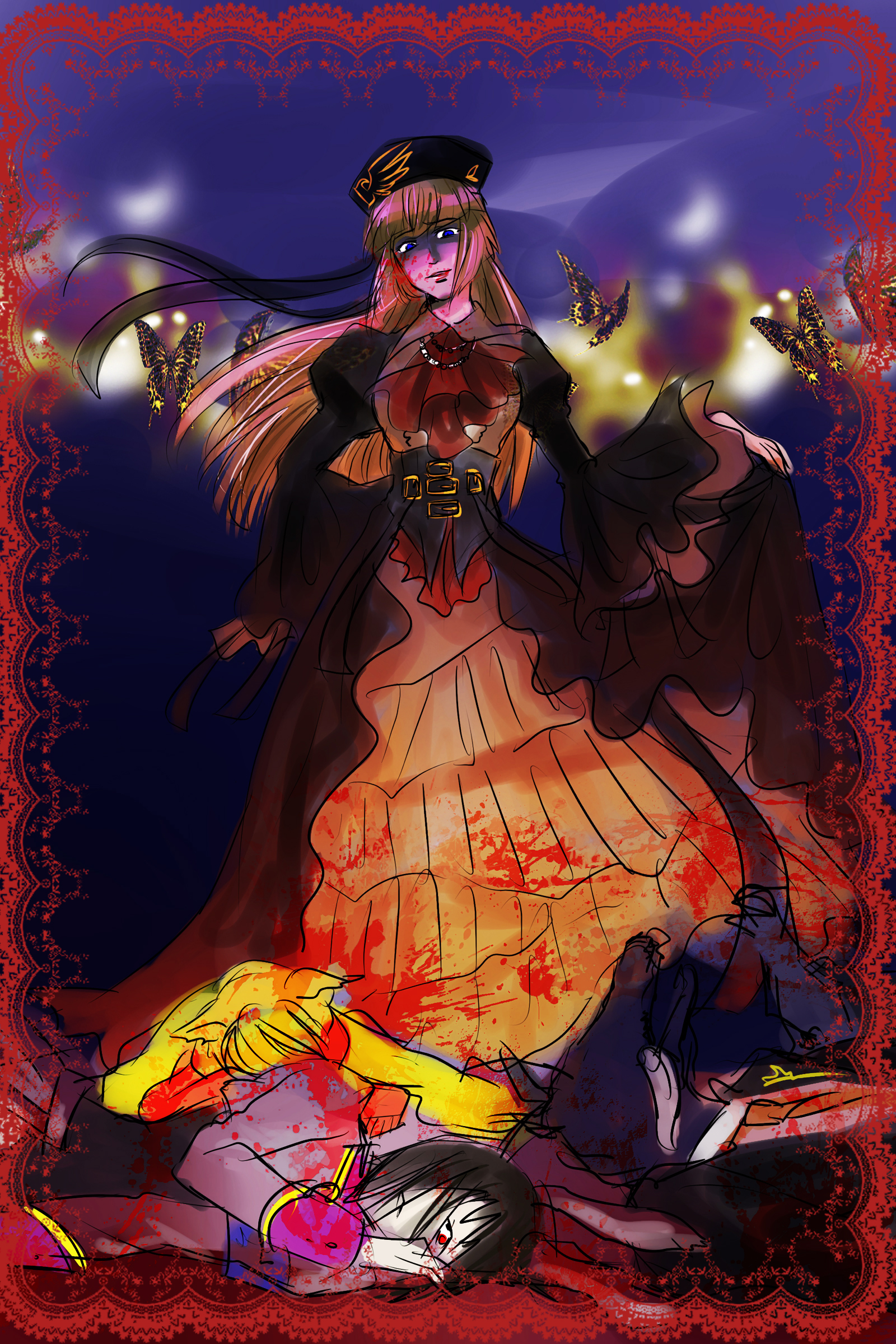 zonsters, chiester556, chiester sisters, rosa beatrice, sakutarou (umineko), ushiromiya rosa, umineko no naku koro ni, absurdres, highres, 00s, blonde hair, blood, bug, butterfly, corpse, death, dress, hime cut, purple hair, red eyes