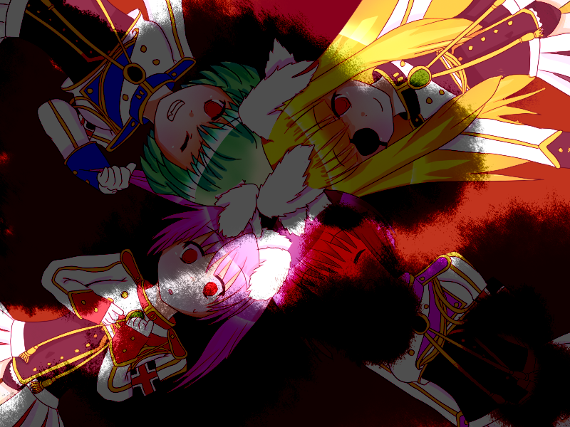 chiester00, chiester410, chiester45, chiester556, chiester sisters, umineko no naku koro ni, 00s, 4girls, animal ears, armband, blue hair, closed eyes, death, eyepatch, long hair, multiple girls, pink hair, red eyes