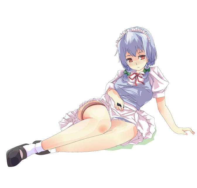 kazuha nanako, nanako (artist), izayoi sakuya, embodiment of scarlet devil, touhou, silver hair, bad id, bad pixiv id, 1girl, female focus, mary janes, red eyes, ribbon, shoes, short hair, solo