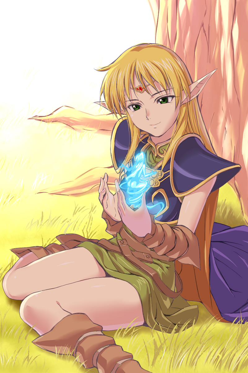 g-tetsu, deedlit, undine, record of lodoss war, highres, 1girl, armor, belt, blonde hair, boots, cape, circlet, elf, female focus, glowing, grass, green eyes, magic, nature, outdoors, pointy ears, sitting, smile, solo, tree