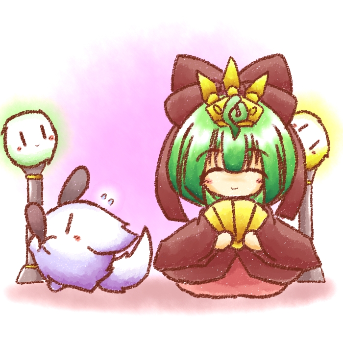 tilde (ice cube), kagiyama hina, kedama (touhou), touhou, bad id, bad pixiv id, 1girl, animal ears, chibi, closed eyes, female focus, full body, green hair, hand fan, japanese clothes, solo, standing, tail, | |