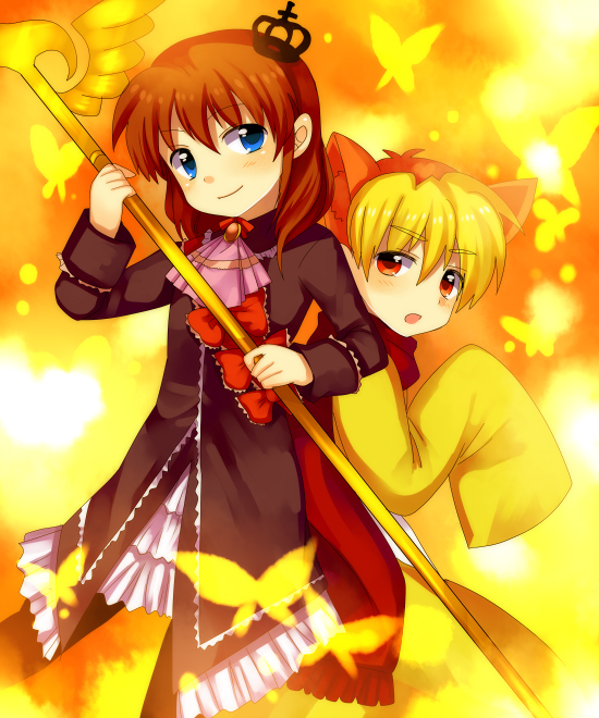 subaru (yachika), maria (umineko), sakutarou (umineko), umineko no naku koro ni, 00s, 1boy, 1girl, animal ears, blonde hair, blue eyes, blush, bug, butterfly, insect, red eyes, red hair, staff, yellow theme