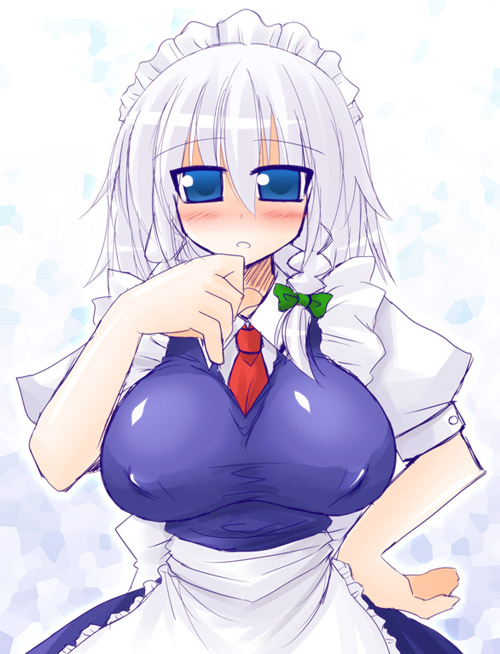 arayama reiichi, izayoi sakuya, touhou, silver hair, bad id, bad pixiv id, 1girl, blue eyes, blush, breasts, female focus, hairband, hand on own hip, hip focus, huge breasts, maid, ribbon, solo, white background