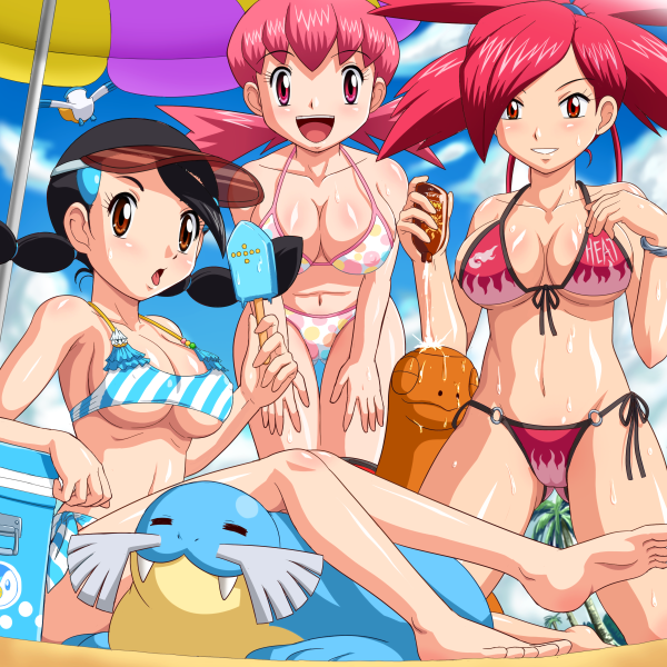 pokemoa, candice (pokemon), flannery (pokemon), pelipper, piplup, regice, sealeo, torkoal, whitney (pokemon), nintendo, pokemon, pokemon dppt, pokemon gsc, pokemon rse, visor, 00s, 1990s (style), 3girls, barefoot, bent over, bikini, black hair, breasts, brown eyes, cleavage, covered erect nipples, day, english text, feet, food, gen 3 pokemon, gen 4 pokemon, gym leader, ice cream, large breasts, legendary pokemon, lotion, medium breasts, multiple girls, open mouth, pink eyes, pink hair, pokemon (creature), red eyes, red hair, retro artstyle, side-tie bikini bottom, smile, striped bikini, striped clothes, sweat, swimsuit, take your pick, tongue, underboob, visor cap