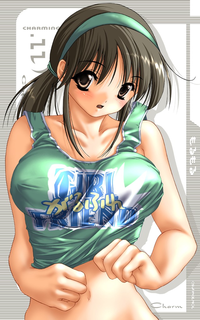 washimi tsutomu, 1girl, blush, breasts, brown eyes, brown hair, female focus, hairband, large breasts, navel, solo