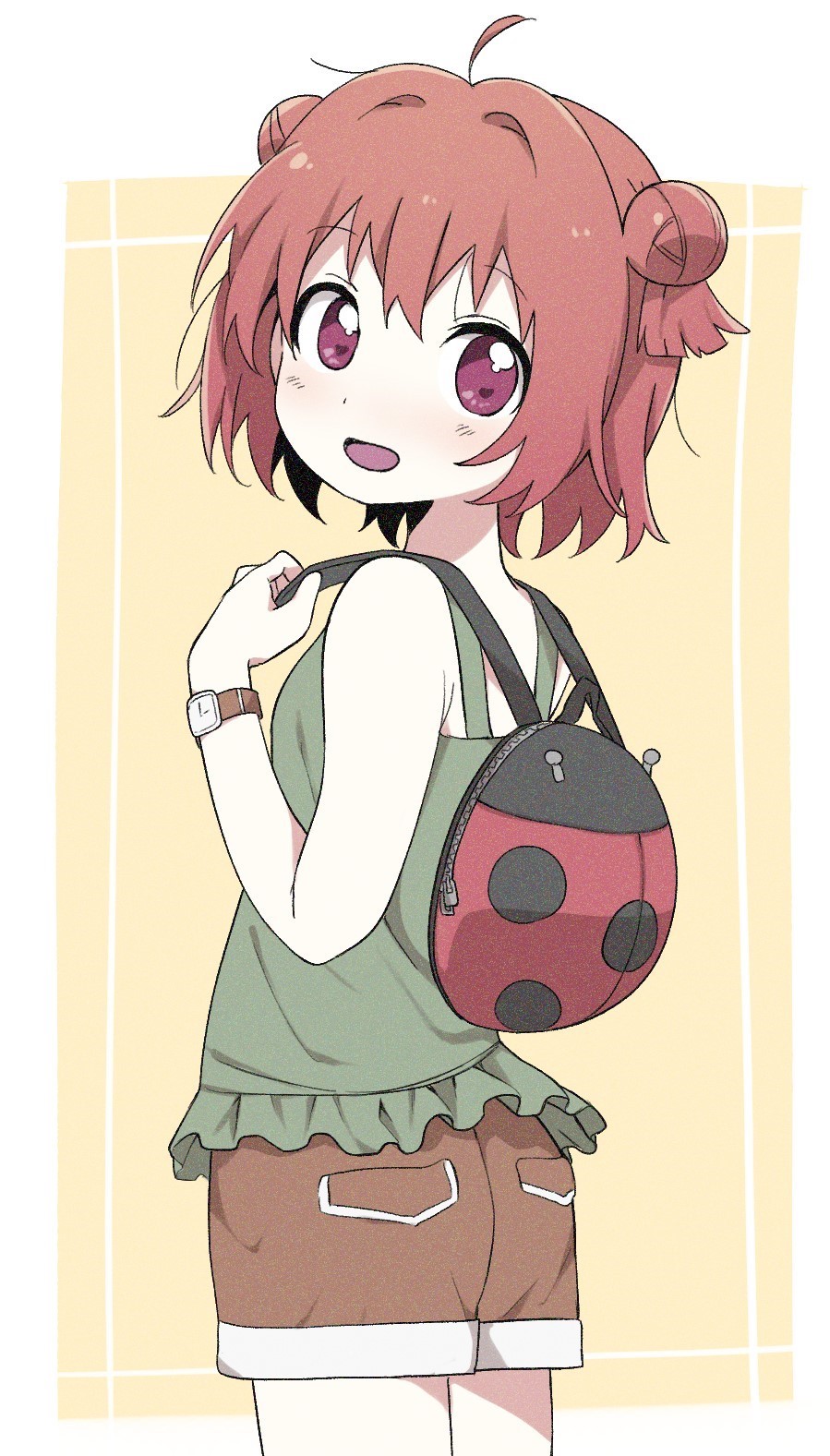 tennosuke (tejons), akaza akari, yuruyuri, highres, 1girl, :d, ahoge, alternate costume, bare shoulders, border, brown shorts, cowboy shot, double bun, from behind, green shirt, hair bun, hair ornament, ladybug bag, looking at viewer, open mouth, purple eyes, red hair, shirt, short hair, short shorts, shorts, sleeveless, sleeveless shirt, smile, solo, standing, turning head, twintails, two side up, watch, white border, wristwatch, yellow background
