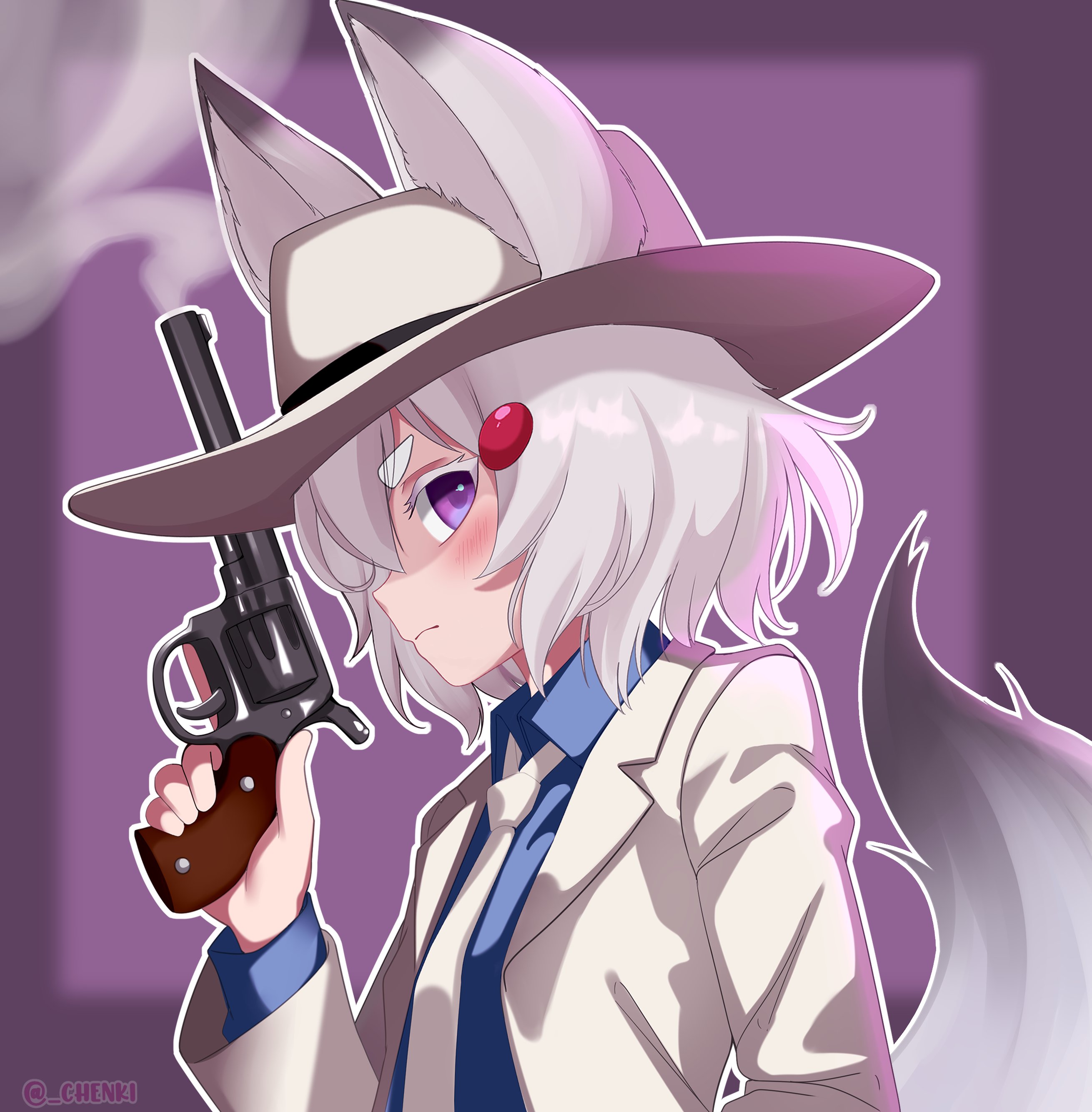 chenki (chenki), tenma maemi, phase connect, absurdres, highres, 1girl, animal ears, blue shirt, gun, hat, holding, holding gun, holding weapon, necktie, purple background, purple eyes, shirt, smoke, smoking barrel, solo, tail, weapon, white necktie