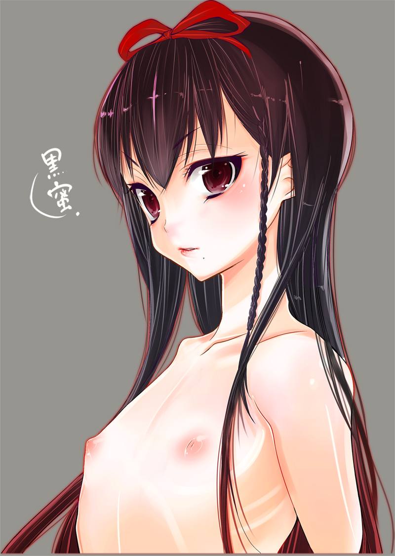 negitoro, sakiyo cake, bad id, bad pixiv id, 1girl, blush, bow, braid, breasts, brown hair, female focus, flat chest, hair bow, long hair, mole, nipples, red eyes, simple background, solo, topless female