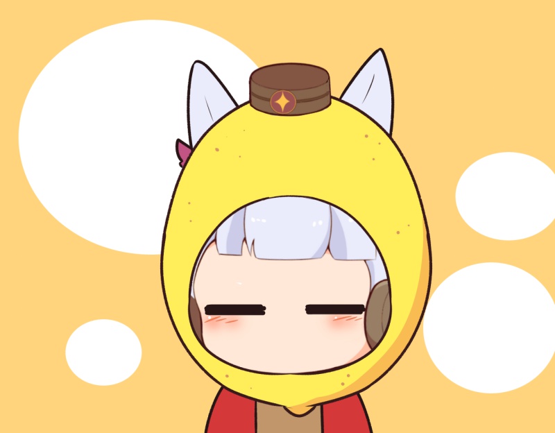 gomashio (goma feet), gold ship (casual) (umamusume), gold ship (umamusume), umamusume, 1girl, animal ears, blush stickers, brown background, brown hat, brown shirt, chibi, closed eyes, ear covers, grey hair, hat, horse ears, jacket, mini hat, open clothes, open jacket, red jacket, shirt, solo, upper body