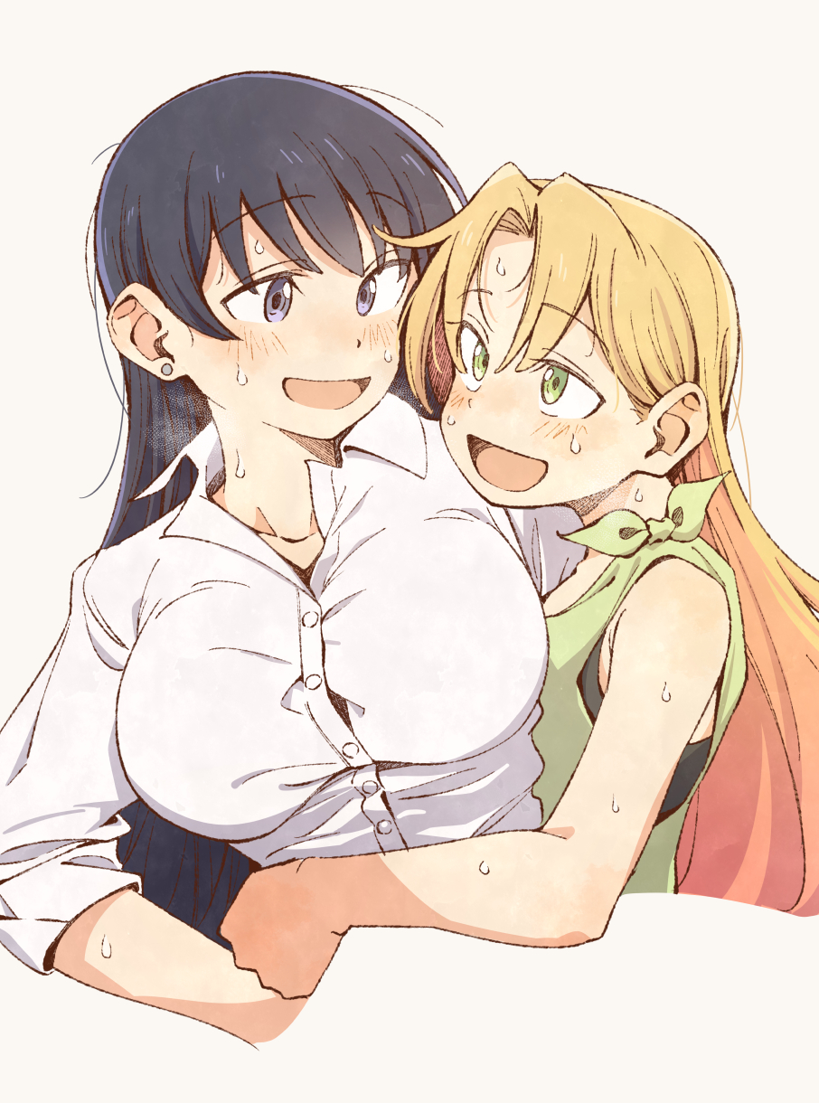 eitopondo, arato nagi, tanigawa ruri, ruri no houseki, commentary, highres, 2girls, :d, arm around waist, black hair, blonde hair, blush, breasts, breath, collared shirt, cropped torso, curtained hair, dress shirt, earrings, green eyes, green shirt, happy, hug, jewelry, large breasts, long hair, looking at another, multiple girls, open mouth, parted bangs, purple eyes, shirt, simple background, sleeveless, sleeveless shirt, smile, straight hair, stud earrings, sweat, undershirt, upper body, white background, white shirt, wing collar