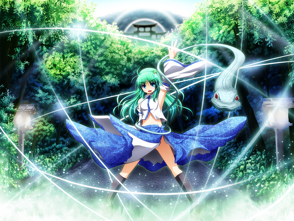 akashio (loli ace), kochiya sanae, touhou, bad id, bad pixiv id, 1girl, blue eyes, clothes lift, detached sleeves, female focus, fighting stance, green hair, midriff, nature, outdoors, plant, shrine, skirt, skirt lift, snake, solo, tree