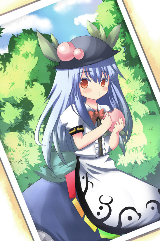 tsunono, hinanawi tenshi, touhou, photo (medium), 1girl, blue hair, blush, bow, eating, female focus, food, fruit, hat, holding, holding food, holding fruit, peach, photo (object), red eyes, solo