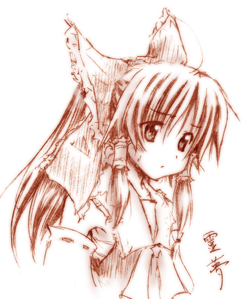 mei (artist), hakurei reimu, touhou, 1girl, brown theme, character name, female focus, monochrome, sketch, solo
