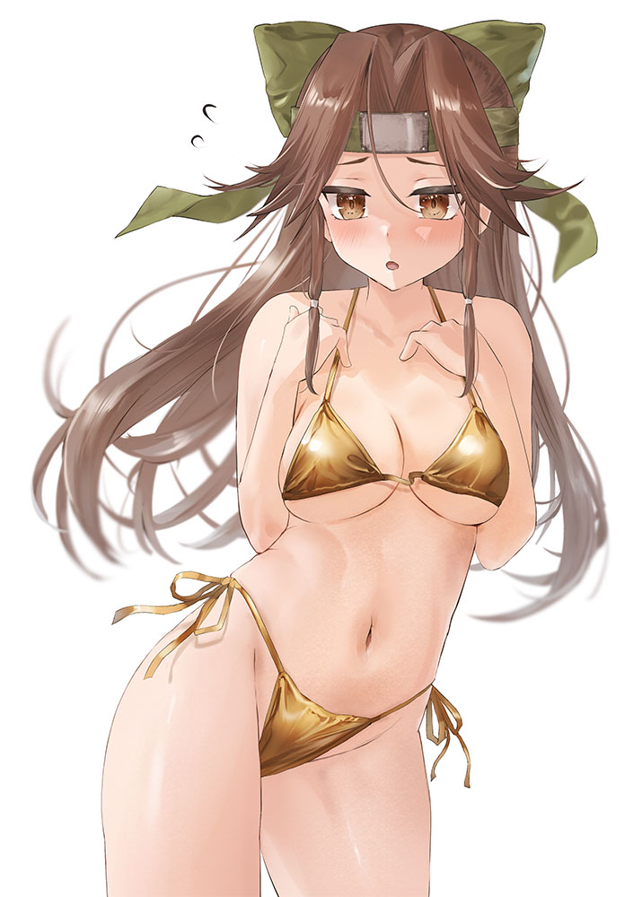 toka (marchlizard), jintsuu (kancolle), kantai collection, commentary request, 1girl, alternate costume, bikini, blush, breasts, brown eyes, brown hair, cleavage, cowboy shot, flying sweatdrops, forehead protector, gold bikini, green headband, hachimaki, hair intakes, half updo, headband, long hair, looking at viewer, medium breasts, navel, open mouth, shiny swimsuit, solo, stomach, swimsuit
