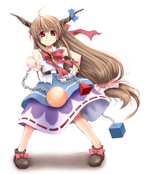 mei (artist), ibuki suika, touhou, 1girl, brown hair, female focus, full body, horns, long hair, solo, standing, white background
