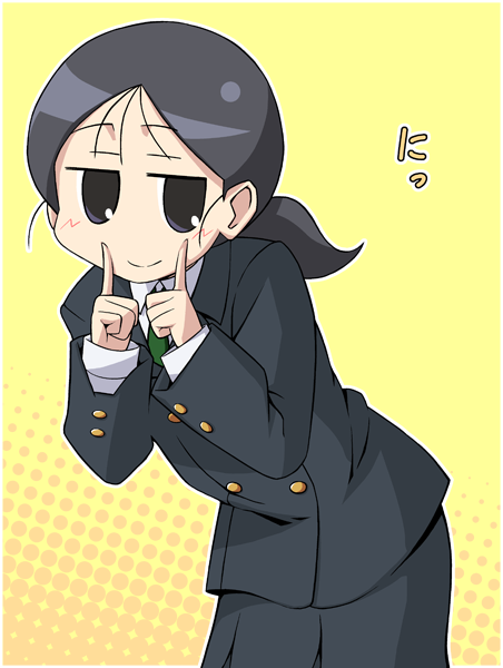 mirakichi, kirihara misaki, kuga kokage, darker than black, sketchbook full colors, 1girl, black eyes, black hair, closed mouth, female focus, fingersmile, necktie, parody, ponytail, school uniform, smile, solo