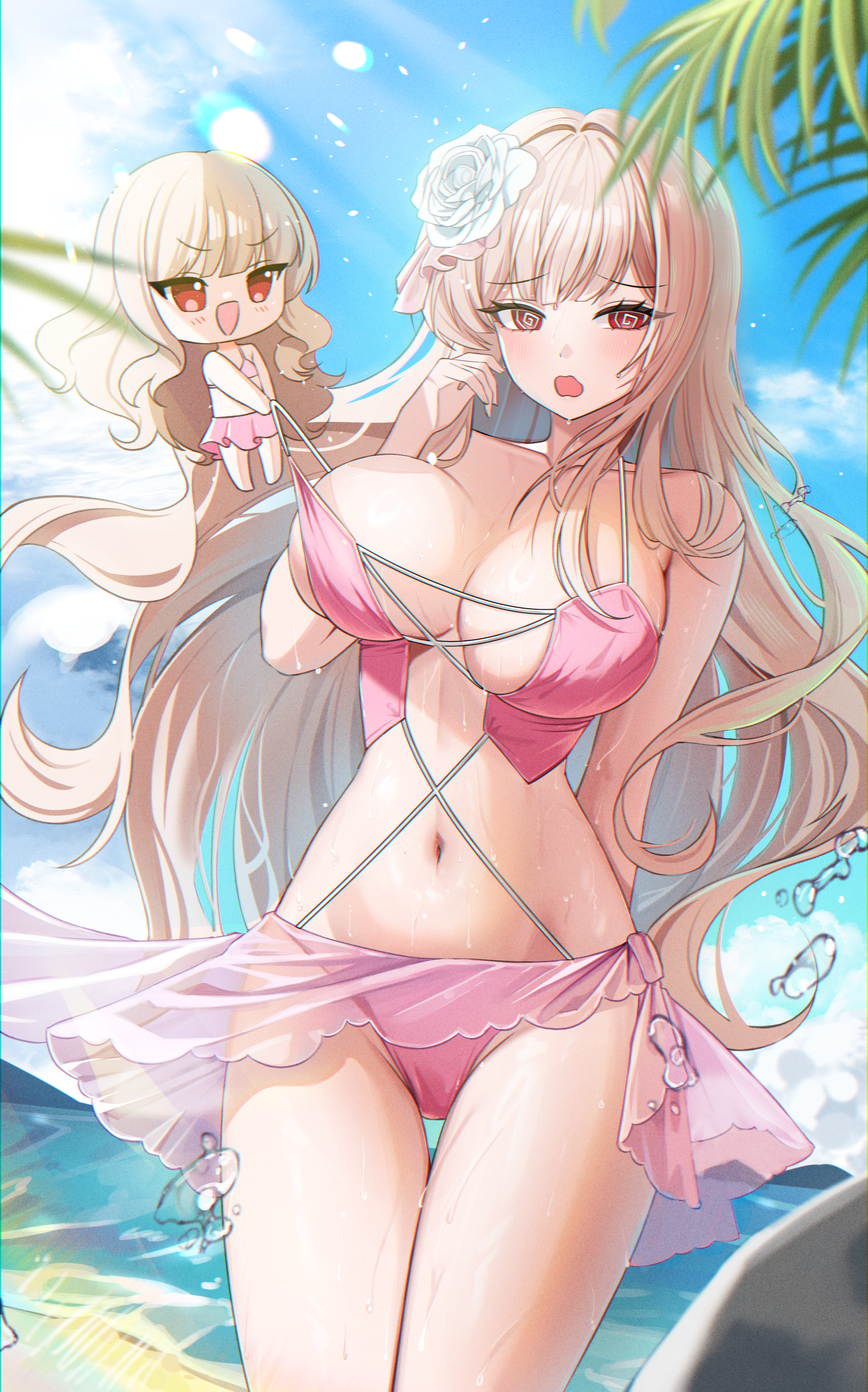 suisen (suisenhwa), original, absurdres, commission, highres, 2girls, @ @, arm behind back, bare shoulders, bikini, blonde hair, breasts, cleavage, collarbone, cowboy shot, day, embarrassed, flower, hair flower, hair ornament, hand up, large breasts, long hair, looking at viewer, mini person, minigirl, multiple girls, navel, open mouth, outdoors, pink bikini, red eyes, sarong, stomach, strap pull, string, sunlight, swimsuit, thigh gap, thighs, very long hair, wet