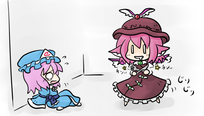yanagi (nurikoboshi), mystia lorelei, saigyouji yuyuko, touhou, 2girls, animal ears, chibi, dress, female focus, fork, hat, irony, knife, multiple girls, o o, role reversal, saliva, wings, you gonna get raped, | |