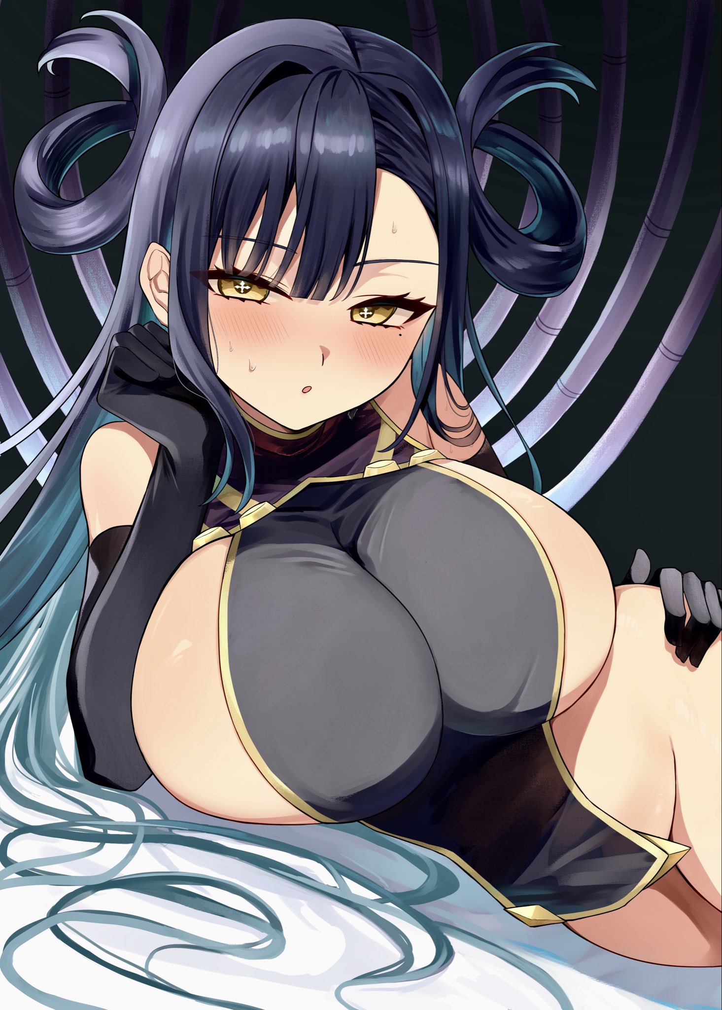 kaoru (h8qm9), kuniruri natsuki, nue no onmyouji, highres, 1girl, black gloves, black tabard, blush, breast curtains, breasts, bright pupils, cross-shaped pupils, elbow gloves, gloves, groin, hair rings, hand on own hip, huge breasts, looking at viewer, mole, mole under eye, naked tabard, no panties, sideboob, sidelocks, solo, symbol-shaped pupils, tabard, thighs, white pupils, yellow eyes