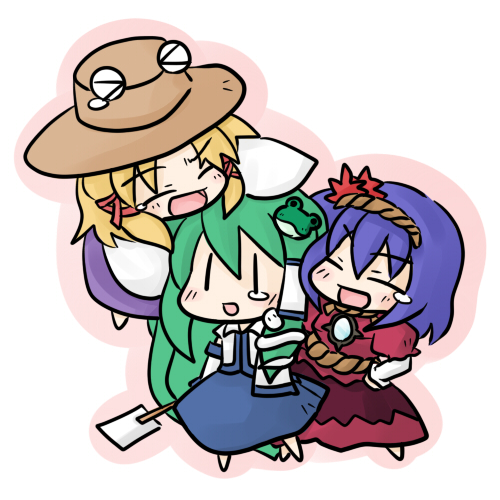 yanagi (nurikoboshi), kochiya sanae, moriya suwako, yasaka kanako, touhou, lowres, 3girls, blonde hair, blue hair, chibi, female focus, gohei, green hair, hair ornament, happy tears, hat, leaf hair ornament, multiple girls, simple background, tears, | |