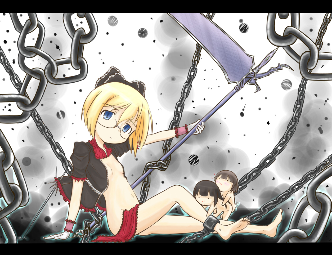 ebi (ebifry), anabuki tomoko, sakomizu haruka, ursula hartmann, strike witches, strike witches: suomus misfits squadron, world witches series, 00s, 3girls, barefoot, blonde hair, blood, blue eyes, chain, feet, frills, glasses, letterboxed, multiple girls, nosebleed, open clothes, scythe, sitting
