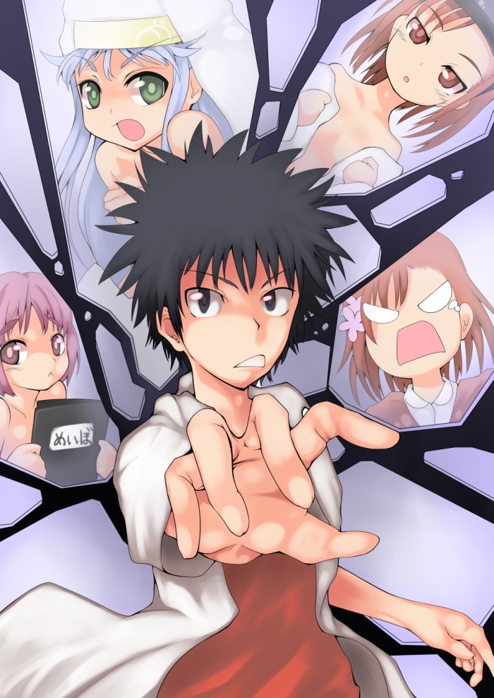 irodori (irodoridori), irodori (irotoridori), index (toaru majutsu no index), kamijou touma, misaka imouto, misaka mikoto, tsukuyomi komoe, toaru majutsu no index, 00s, 1boy, 4girls, :<, angry, black hair, blue hair, brown eyes, brown hair, flower, green eyes, hair flower, hair ornament, multiple girls, nude, open clothes, pink eyes, pink hair, school uniform, short hair, undressing