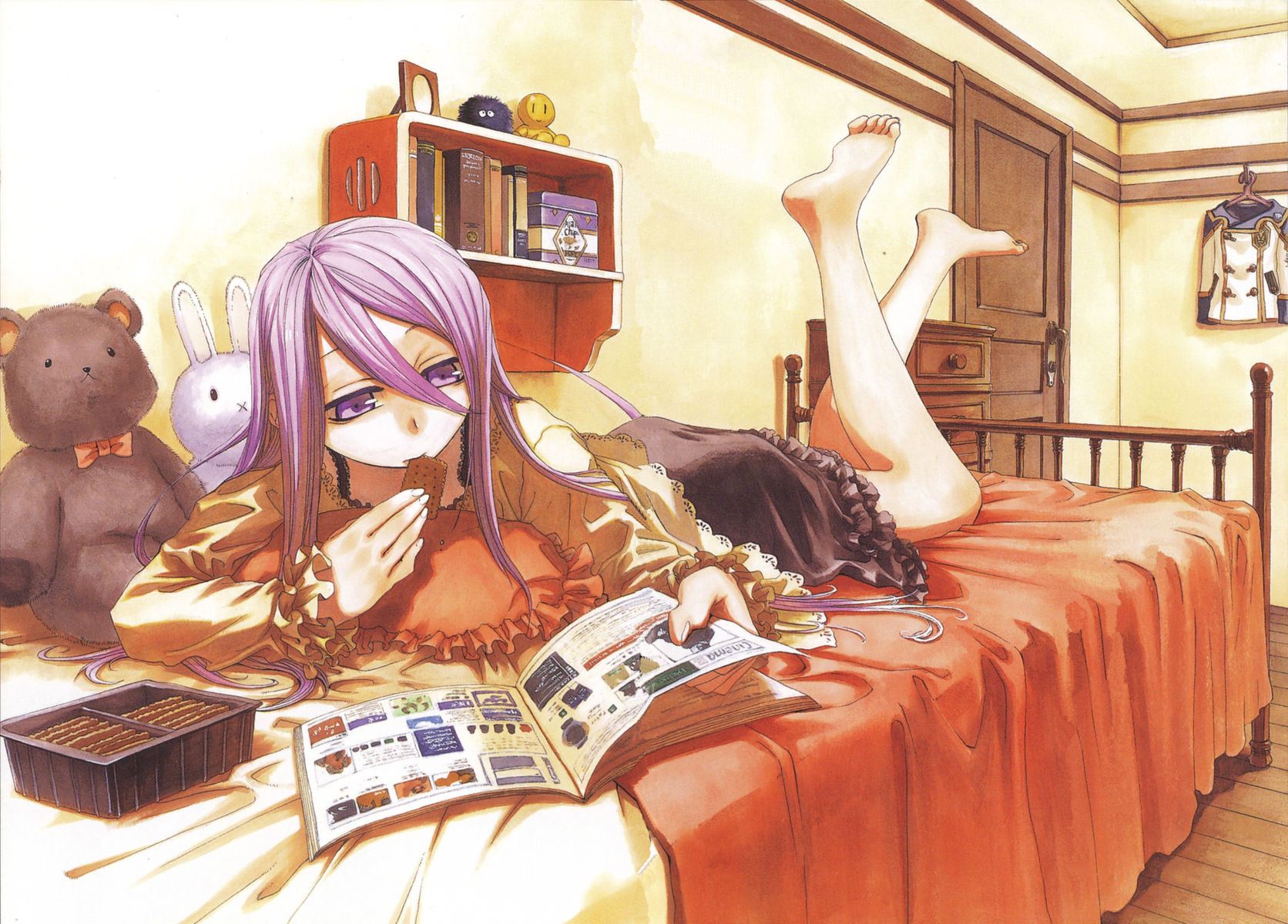 miyuu, felli loss, koukaku no regios, highres, 1girl, barefoot, bed, feet, female focus, food, lying, purple eyes, purple hair, reading, soles, solo, stuffed animal, stuffed toy, teddy bear, toes