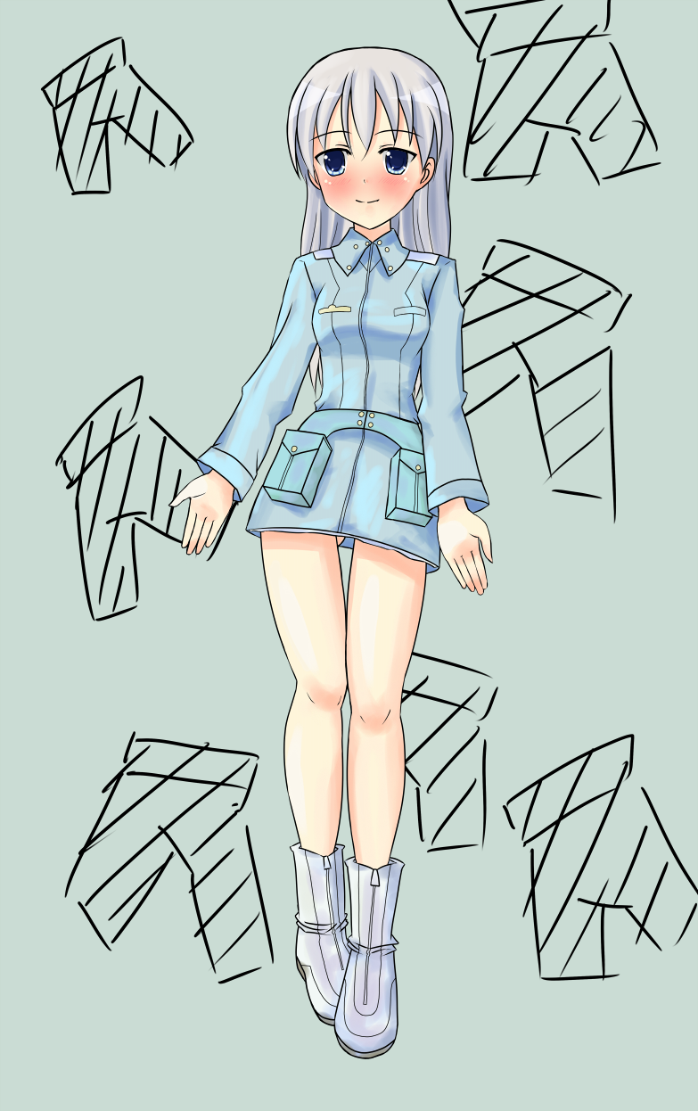 eila ilmatar juutilainen, strike witches, world witches series, silver hair, highres, 00s, 1girl, blue eyes, blush, boots, female focus, military, military uniform, solo