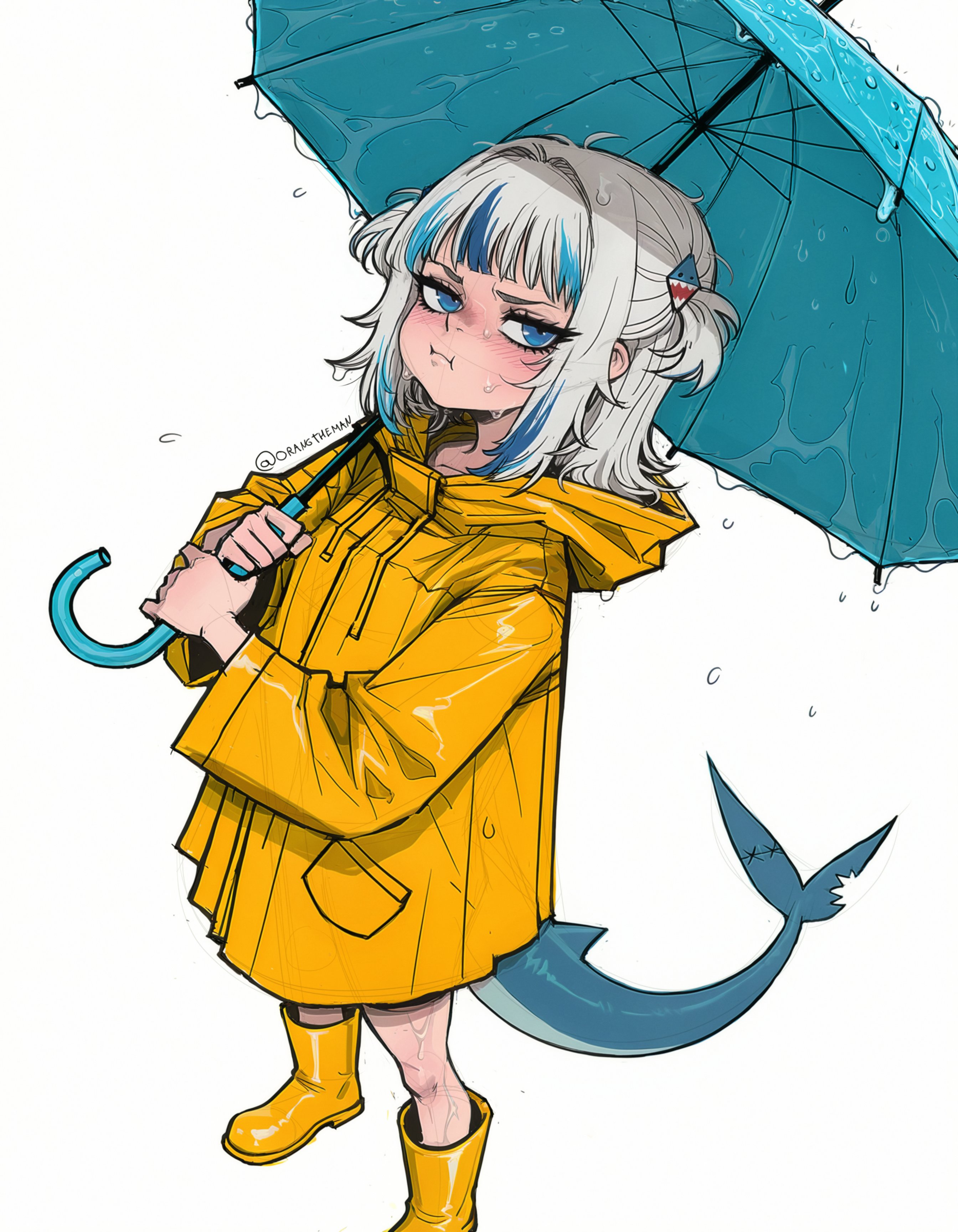 gawr gura, hololive, hololive english, absurdres, highres, 1girl, blue eyes, boots, closed mouth, fins, fish tail, hair ornament, holding, holding umbrella, looking at viewer, multicolored hair, orangtheman, pout, rain, raincoat, rubber boots, shark girl, shark hair ornament, shark tail, solo, streaked hair, tail, umbrella, wet, wet hair, white background, white hair, yellow raincoat