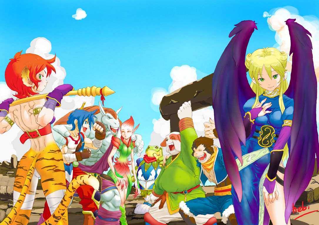 hebina masayoshi, bow (breath of fire), jean (breath of fire), katt (breath of fire), nina (breath of fire ii), rand (breath of fire), ryu (breath of fire ii), spar, sten (breath of fire), breath of fire, breath of fire ii, capcom, bad id, bad pixiv id, 1boy, 3girls, angel wings, animal ears, black wings, cat ears, cat tail, everyone, long hair, multiple girls, muscular, side slit, tail, wings