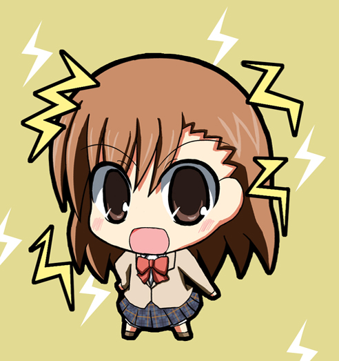 ogarasu, misaka mikoto, toaru majutsu no index, bad id, bad pixiv id, 00s, blush, brown eyes, brown hair, chibi, electricity, electrokinesis, plaid clothes, plaid skirt, school uniform, skirt, smile, solo