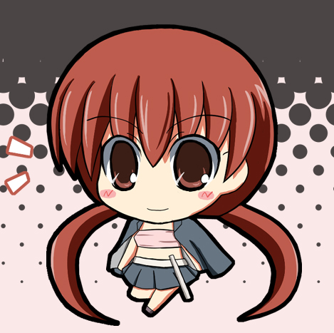 ogarasu, musujime awaki, toaru majutsu no index, bad id, bad pixiv id, lowres, 00s, blush, brown eyes, brown hair, chibi, midriff, open clothes, red hair, skirt, solo, twintails