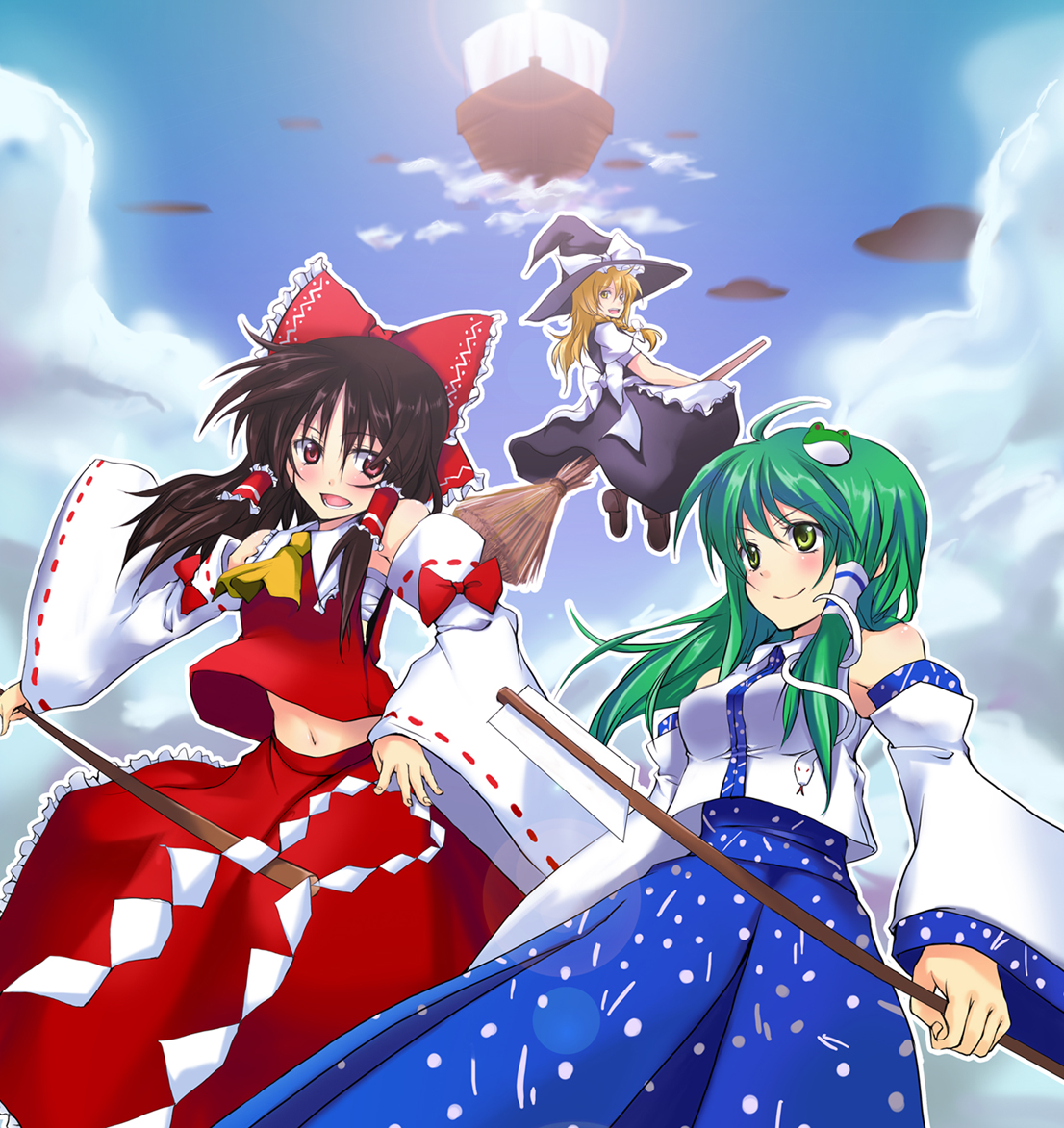tsujigiri, hakurei reimu, kirisame marisa, kochiya sanae, touhou, 3girls, blonde hair, boat, braid, broom, broom riding, detached sleeves, female focus, gohei, hat, japanese clothes, miko, multiple girls, navel, sarashi, ufo, watercraft, witch, witch hat
