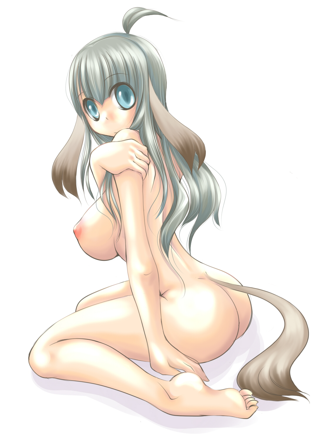 yamada (gyokairui), yamada gyuugo, original, highres, ahoge, animal ears, ass, barefoot, blue eyes, breasts, feet, green hair, large breasts, long hair, nipples, nude, tail