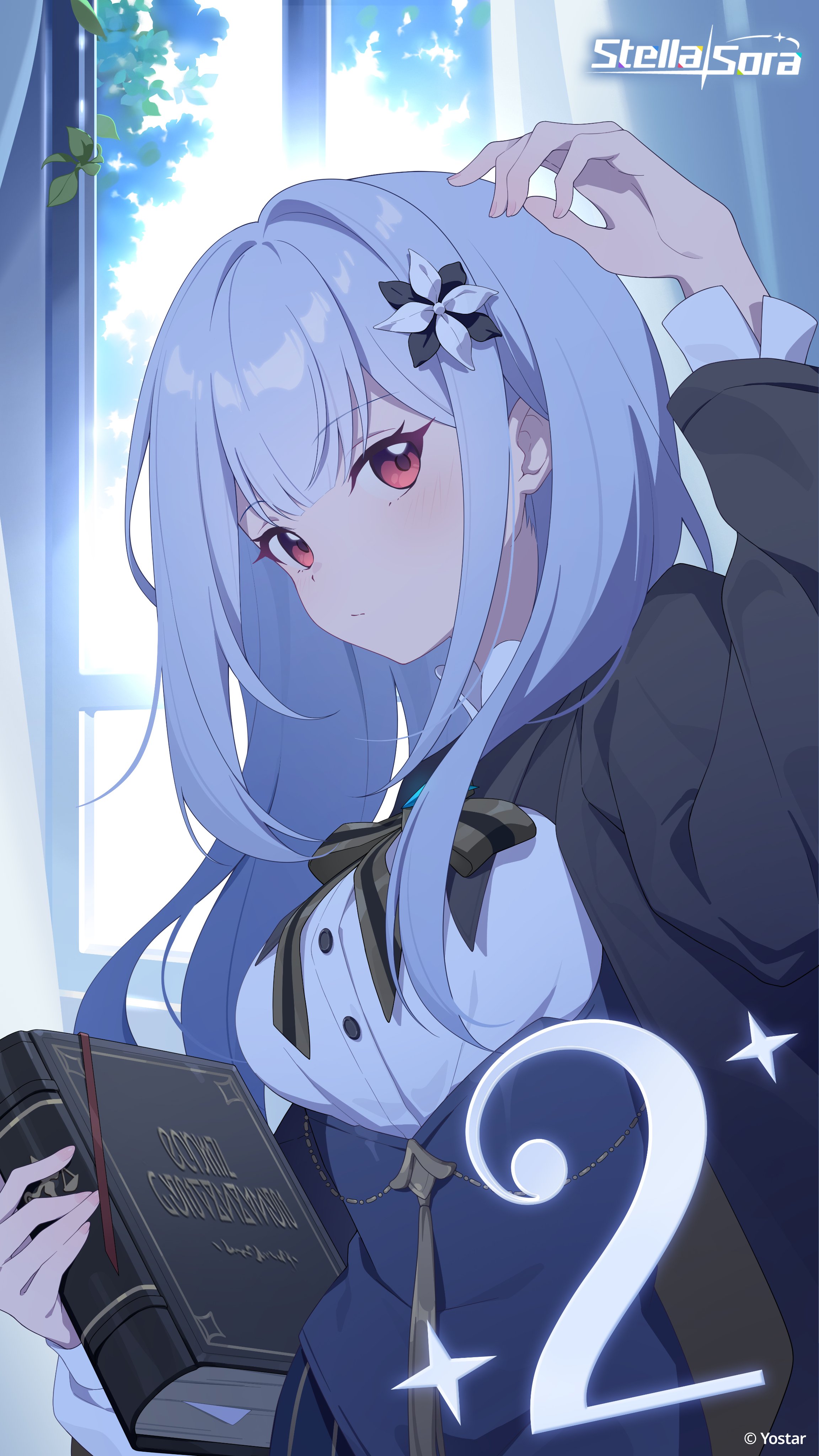 deyui, stella sora, absurdres, character request, commentary, english commentary, highres, official art, 1girl, black corset, blue hair, book, breasts, brown ribbon, corset, countdown, day, flower, hair flower, hair ornament, holding, holding book, indoors, large breasts, neck ribbon, red eyes, ribbon, solo, striped ribbon, underbust, white flower, window