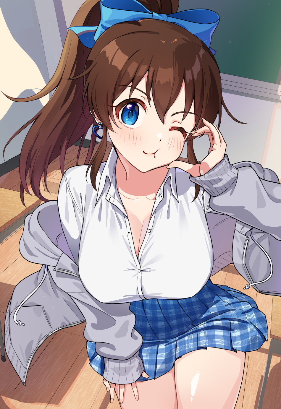 kamille (vcx68), satake minako, idolmaster, idolmaster million live!, commentary request, highres, partial commentary, 1girl, ;t, blue bow, blue eyes, blue skirt, blush, bow, breasts, brown hair, chalkboard, classroom, cleavage, collarbone, earrings, fingernails, grey jacket, hair bow, half-heart hands, heart, heart earrings, indoors, jacket, jacket partially removed, jewelry, large breasts, looking at viewer, one eye closed, open collar, plaid clothes, plaid skirt, pleated skirt, ponytail, school uniform, shirt, skirt, solo, thighs, white shirt