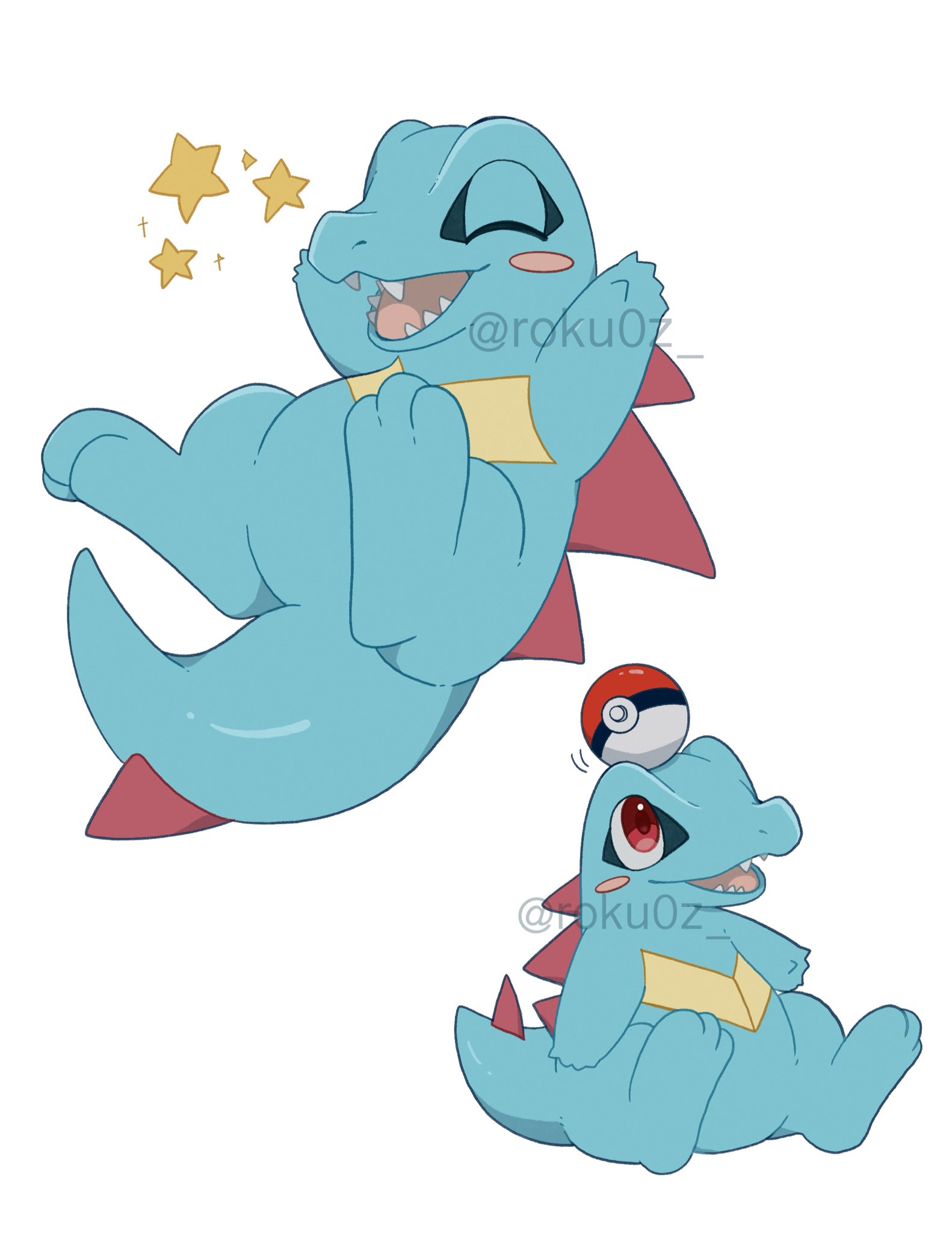 roku0z, totodile, nintendo, pokemon, highres, blush, blush stickers, closed eyes, fangs, gen 2 pokemon, no humans, open mouth, poke ball, poke ball (basic), pokemon (creature), pokemon focus, red eyes, sharp teeth, simple background, smile, star (symbol), tail, teeth, white background