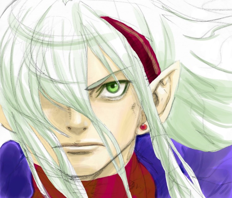 hebina masayoshi, fou-lu, breath of fire, breath of fire iv, 1boy, green eyes, hair over one eye, long hair, male focus, solo, white background, white hair