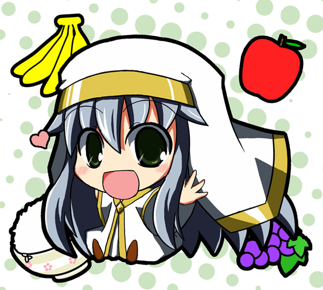 ogarasu, index (toaru majutsu no index), toaru majutsu no index, habit, bad id, bad pixiv id, 00s, apple, banana, blue hair, blush, chibi, food, fruit, grapes, green eyes, heart, rice, robe, smile, solo