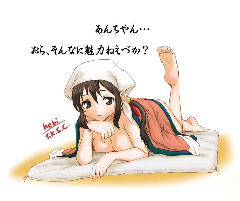 hebina masayoshi, mami (breath of fire), breath of fire, breath of fire iv, translation request, 1girl, barefoot, breasts, brown eyes, brown hair, cleavage, feet, female focus, futon, headscarf, large breasts, lying, solo, white headscarf