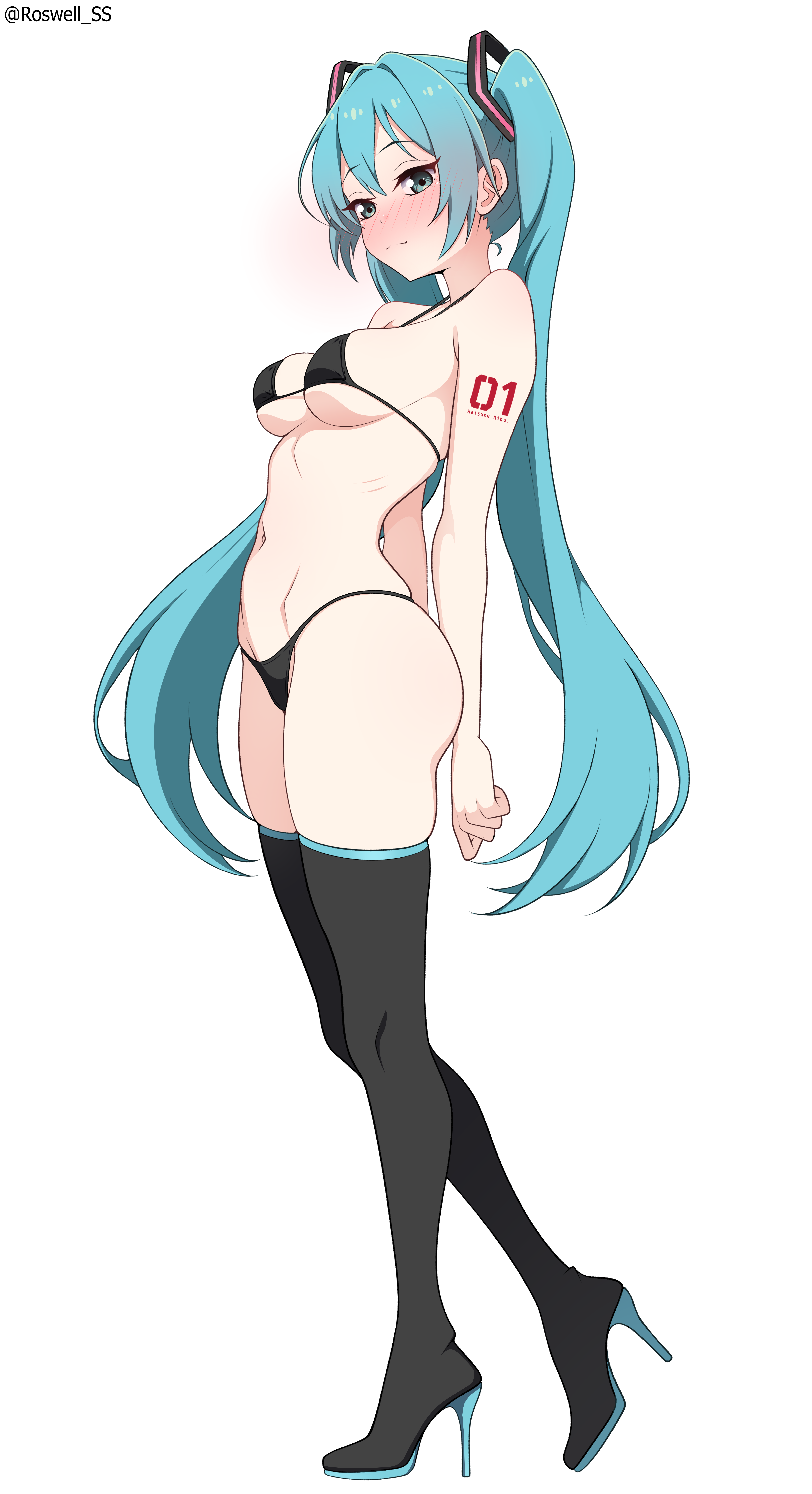roswell ss, hatsune miku, vocaloid, absurdres, highres, 1girl, aqua eyes, aqua hair, arm tattoo, bikini, black thighhighs, blush, breasts, full body, high heels, long hair, looking at viewer, medium breasts, micro bikini, simple background, solo, swimsuit, tattoo, thighhighs, twintails, very long hair, white background