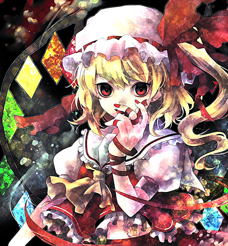 yoko (shiocolor), flandre scarlet, touhou, bad id, bad pixiv id, lowres, 1girl, blonde hair, blouse, collared shirt, female focus, frilled vest, frills, hair between eyes, hat, red eyes, shirt, solo, vest, white hat, white shirt