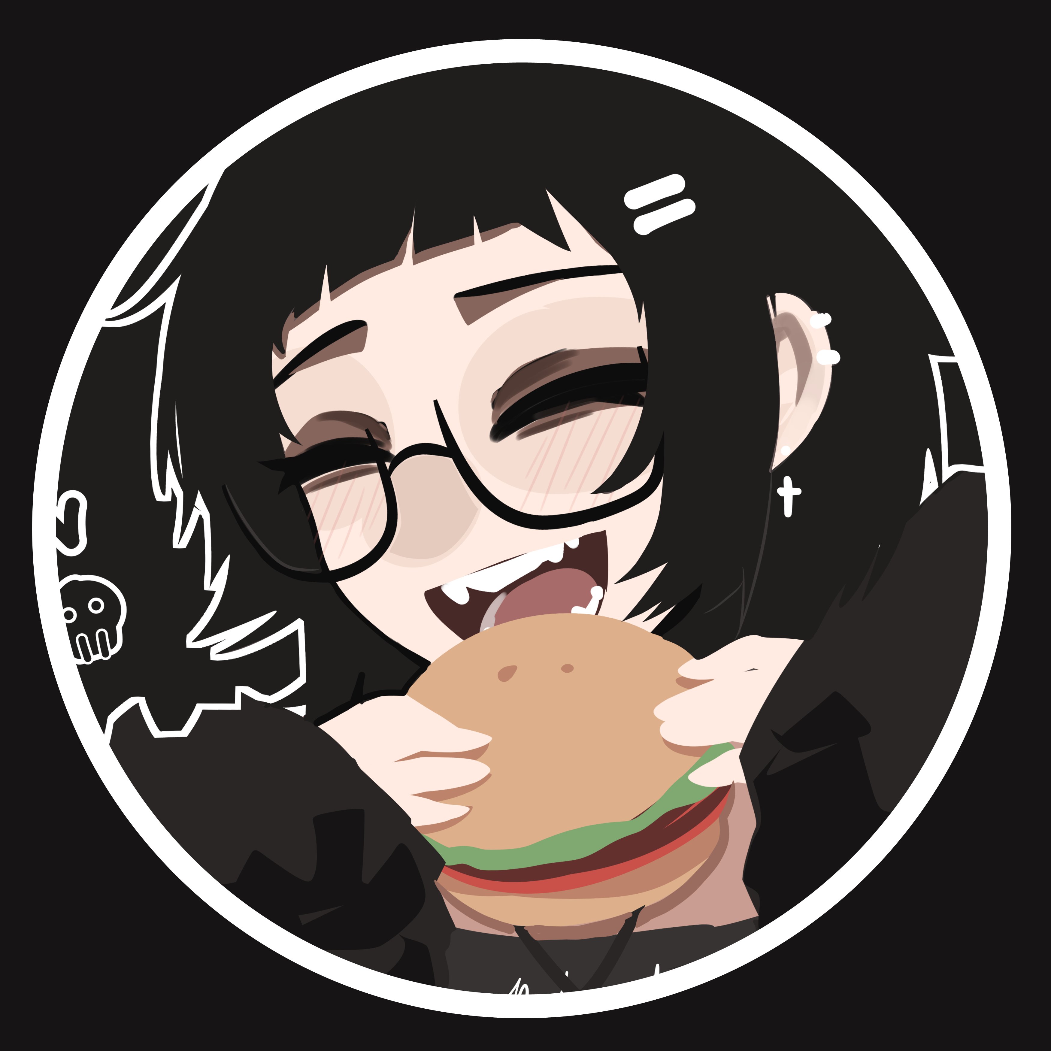mikuneki, riyo kaede (mikuneki), original, absurdres, commentary, english commentary, highres, 1girl, black-framed eyewear, black background, black hair, blunt bangs, border, burger, closed eyes, cross, cross earrings, ear piercing, earrings, flat color, food, glasses, hair ornament, hairclip, holding, holding burger, holding food, imminent bite, jewelry, long sleeves, open mouth, parallel hairclips, piercing, round border, semi-rimless eyewear, short hair, smile, solo, teeth, under-rim eyewear