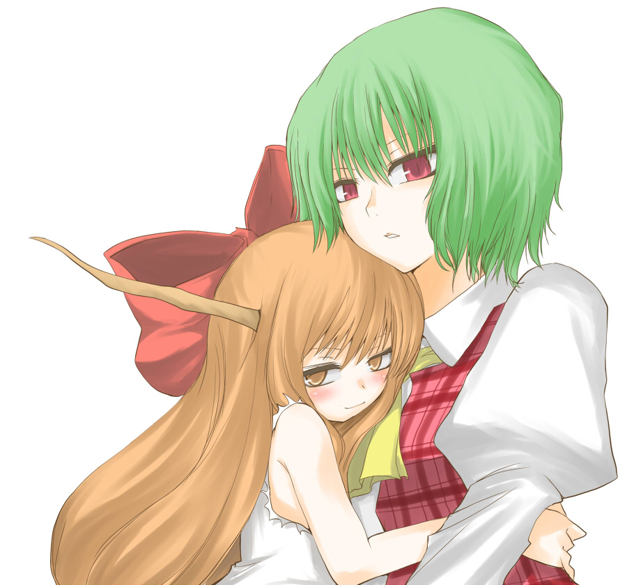 hane (hanegoya), ibuki suika, kazami yuuka, touhou, 2girls, ascot, blush, brown eyes, brown hair, female focus, green hair, horns, hug, long hair, multiple girls, plaid clothes, plaid vest, red eyes, short hair, simple background, vest, white background, yuri