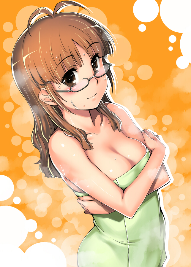 seki suzume, akizuki ritsuko, idolmaster, idolmaster (classic), idolmaster 1, 00s, 1girl, antenna hair, bare arms, bare shoulders, breasts, brown eyes, brown hair, cleavage, closed mouth, collarbone, crossed arms, female focus, glasses, grey-framed eyewear, hair down, long hair, looking at viewer, medium breasts, naked towel, neck, orange background, semi-rimless eyewear, sidelocks, smile, solo, standing, steam, towel, wet