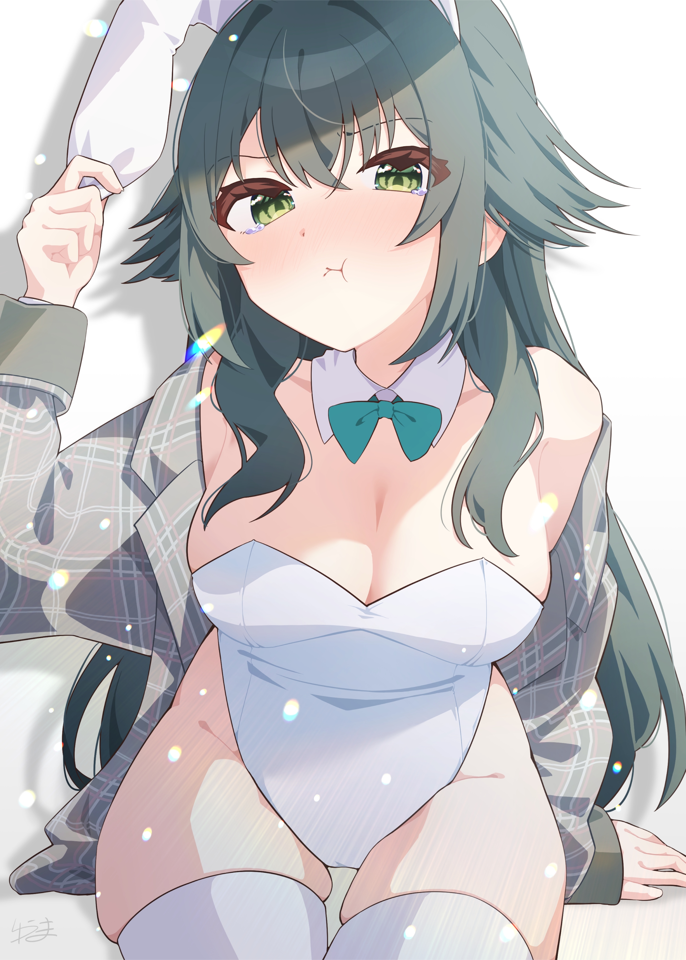 yuuoxouma, tsukimura temari, gakuen idolmaster, idolmaster, absurdres, commentary request, highres, 1girl, alternate costume, animal ear hairband, animal ears, arm support, bow, bowtie, breasts, cleavage, coat, collarbone, detached collar, fake animal ears, green bow, green bowtie, green eyes, green hair, grey coat, groin, hair flaps, hairband, highleg, highleg leotard, leotard, long hair, looking at viewer, medium breasts, playboy bunny, rabbit ear hairband, rabbit ears, sitting, skindentation, solo, strapless, strapless leotard, thighhighs, very long hair, white leotard, white thighhighs