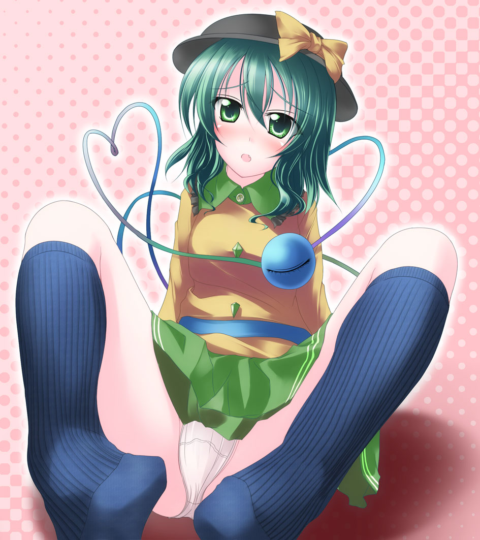 gisyo, komeiji koishi, touhou, 1girl, blush, feet, female focus, green eyes, green hair, halftone, halftone background, hat, kneehighs, matching hair/eyes, panties, sitting, skirt, socks, solo, underwear