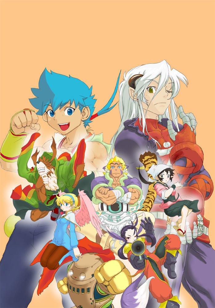 hebina masayoshi, cray (breath of fire), ershin, fou-lu, mami (breath of fire), nina (breath of fire iv), ryu (breath of fire iv), scias, ursula (breath of fire), breath of fire, breath of fire iv, capcom, bad id, bad pixiv id, 3boys, 3girls, everyone, eyeshadow, makeup, multiple boys, multiple girls, pantyhose, white wings, wings