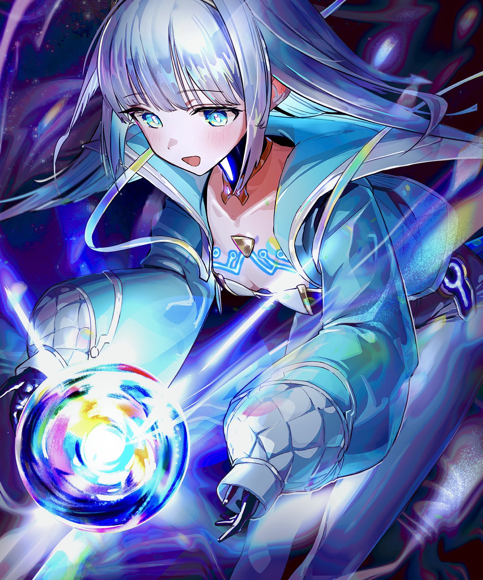 h4ppyage, eudie (shadowverse), shadowverse, shadowverse: worlds beyond, highres, 1girl, aqua jacket, black gloves, black hairband, blue eyes, blunt ends, bodysuit, collarbone, covered navel, cropped jacket, detached collar, gloves, glowing, grey hair, hairband, jacket, long hair, long sleeves, looking at viewer, open clothes, open jacket, open mouth, orb, parted lips, solo, white bodysuit